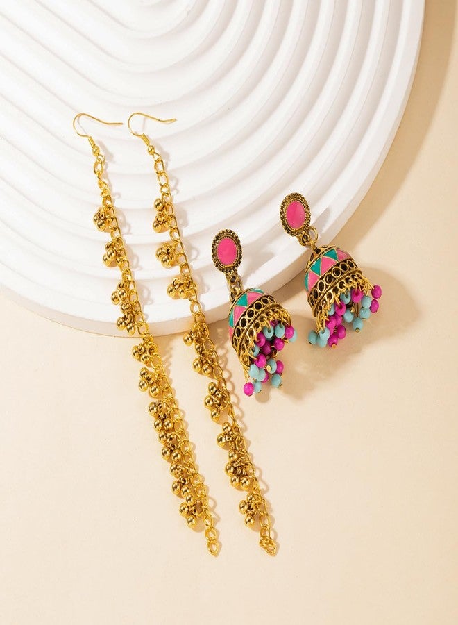 Cykdohy Vintage Indian Colorful Bell Tassel Dangle Drop Earrings for Women Boho Multicolor Jhumka Jhumki Stud Earring with Hair Chain Bohemian Ethnic Mexico Gypsy Bollywood Statement Fashion Jewelry - Image 5